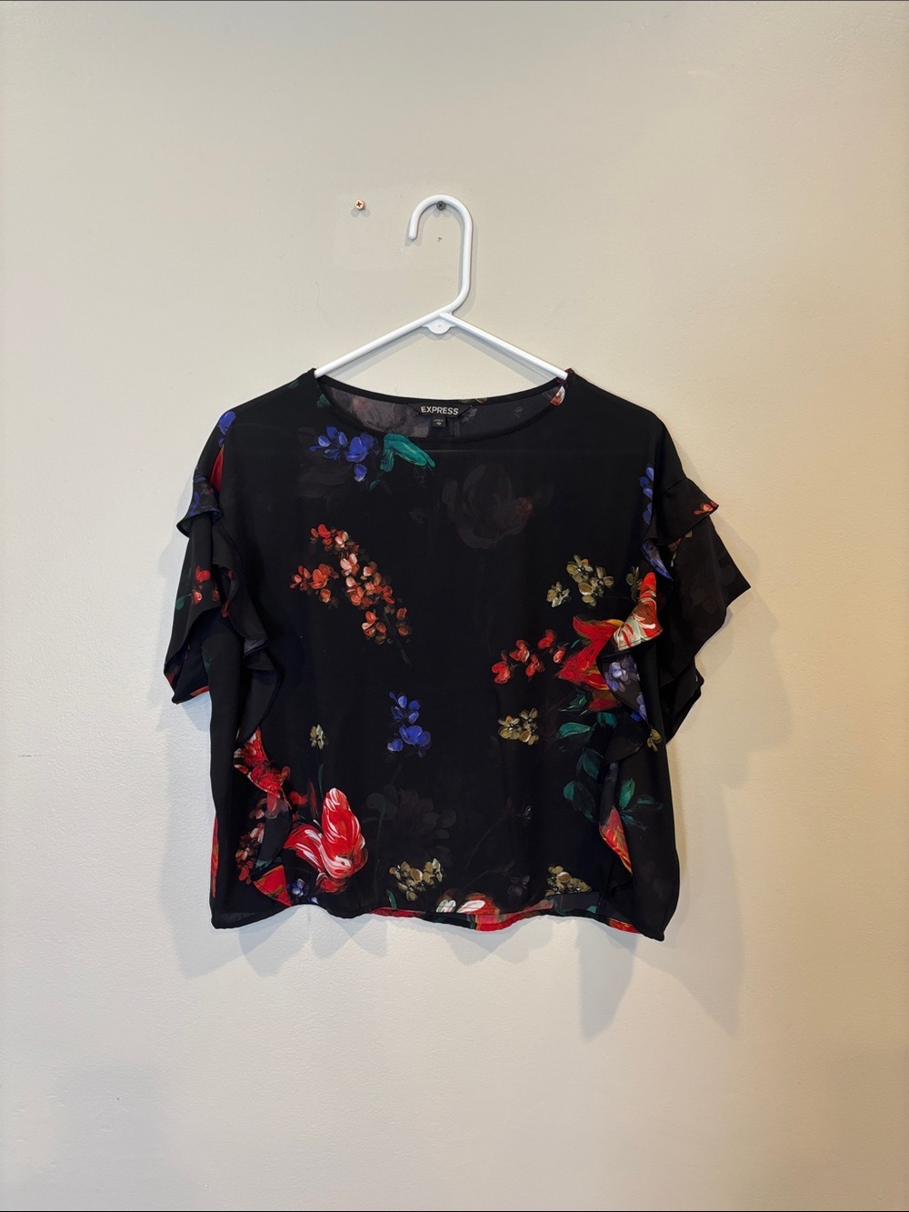 Express Black Floral Ruffle Sleeve Blouse with Red & Blue Accents